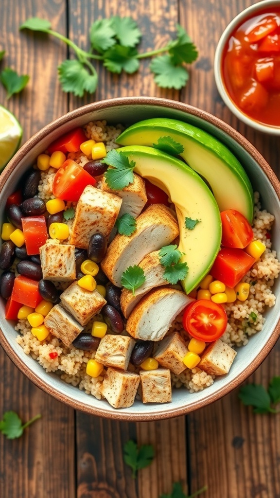 A colorful quinoa chicken Mexican bowl with chicken, black beans, corn, tomatoes, and avocado on a rustic table.